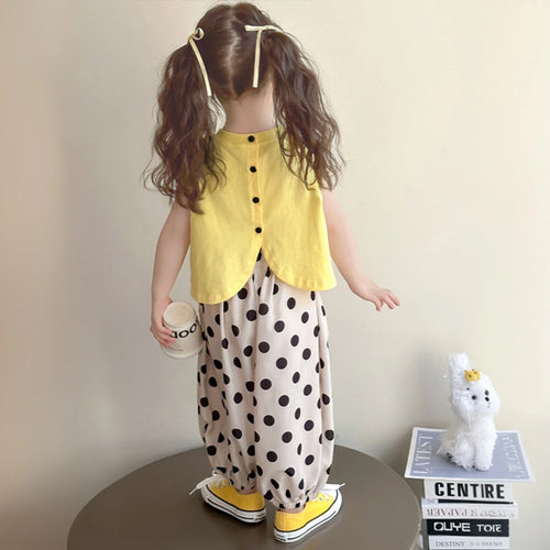 Girls Yellow Sleeveless Animal Graphic Top With Polka Dot Harem Pants Sets Sets