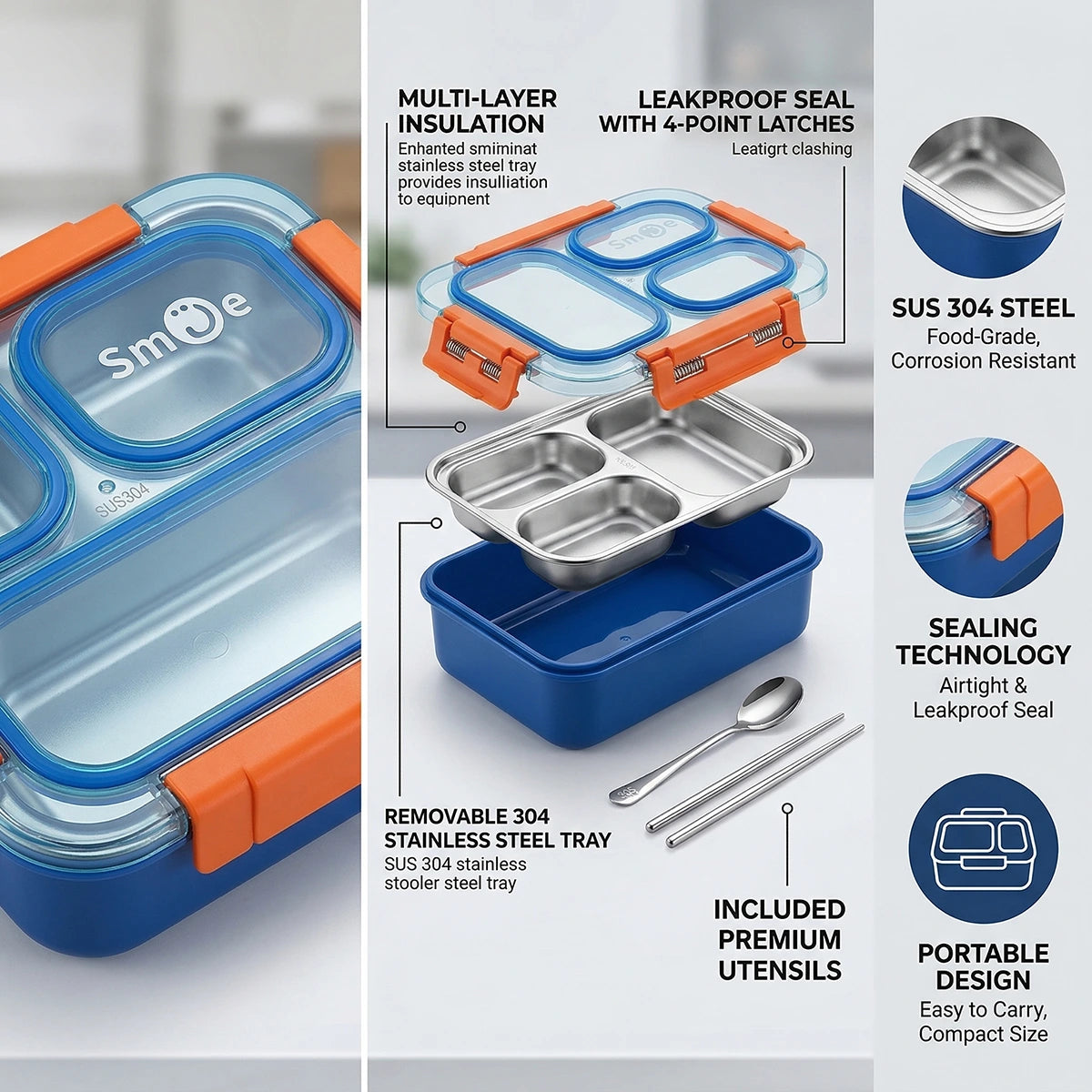 Kids Blue Smart Serve 3-Section Lunch Box Trending Accessories