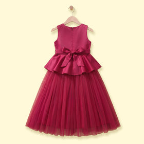 Girls dark pink sleeveless fit and flare party dress with floral applique