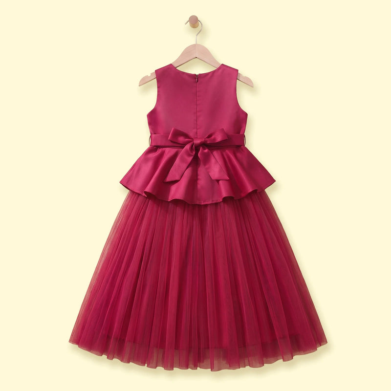 Girls dark pink sleeveless fit and flare party dress with floral applique