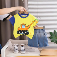 Boys Yellow Excavator Graphic Short Sleeve T-Shirt with Denim Shorts Sets 2 pc. Sets Yellow 1-2 Y