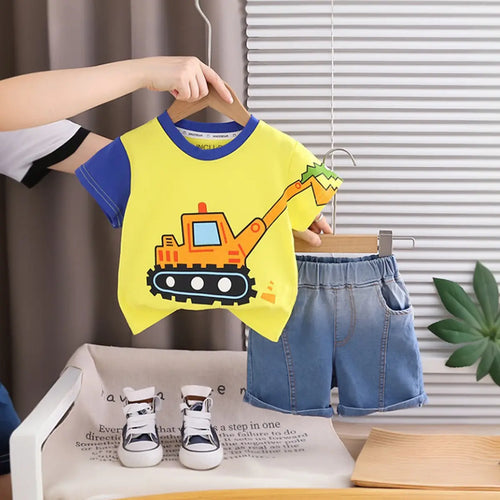 Boys Yellow Excavator Graphic Short Sleeve T-Shirt with Denim Shorts Sets 2 pc. Sets Yellow 1-2 Y