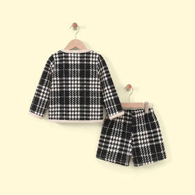 Girls Black Checked Long Sleeve Jacket With Shorts Sets 2 pc. Sets