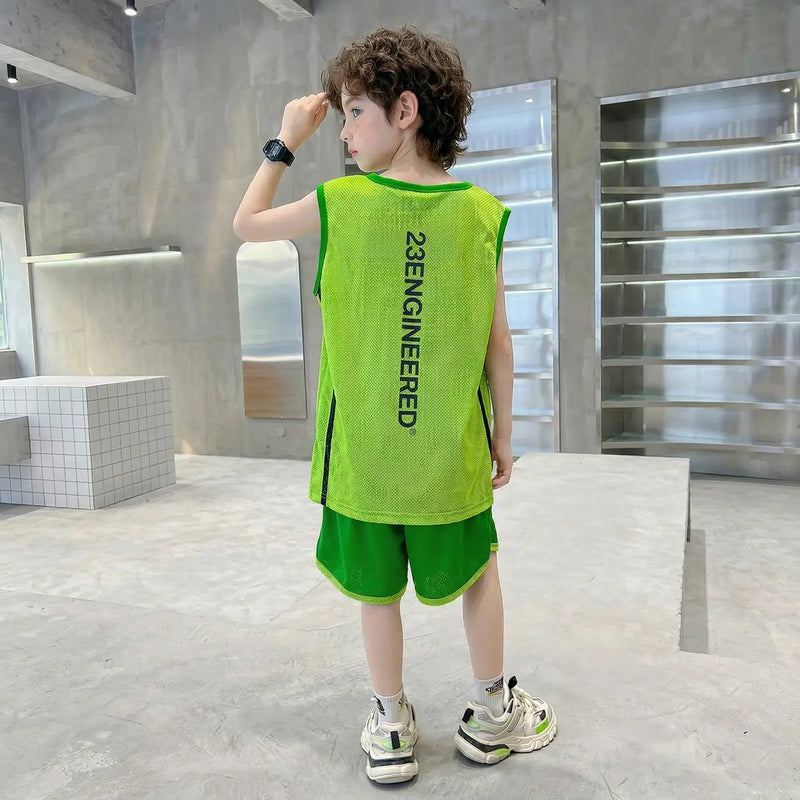 Boys Neon Green Number Print Vest With Shorts Sets Sets Green 5-6 Y