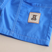Boys Cream Graphic Printed Polo T-Shirt With Blue Shorts Set 2 pc. Sets