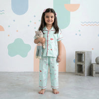 Girls Sky Blue Typographic Printed Short Sleeve Shirt With Printed Pyjama Sets Sets