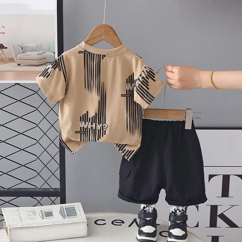 Boys Khaki Graphic Print T-Shirt With Shorts Sets Sets