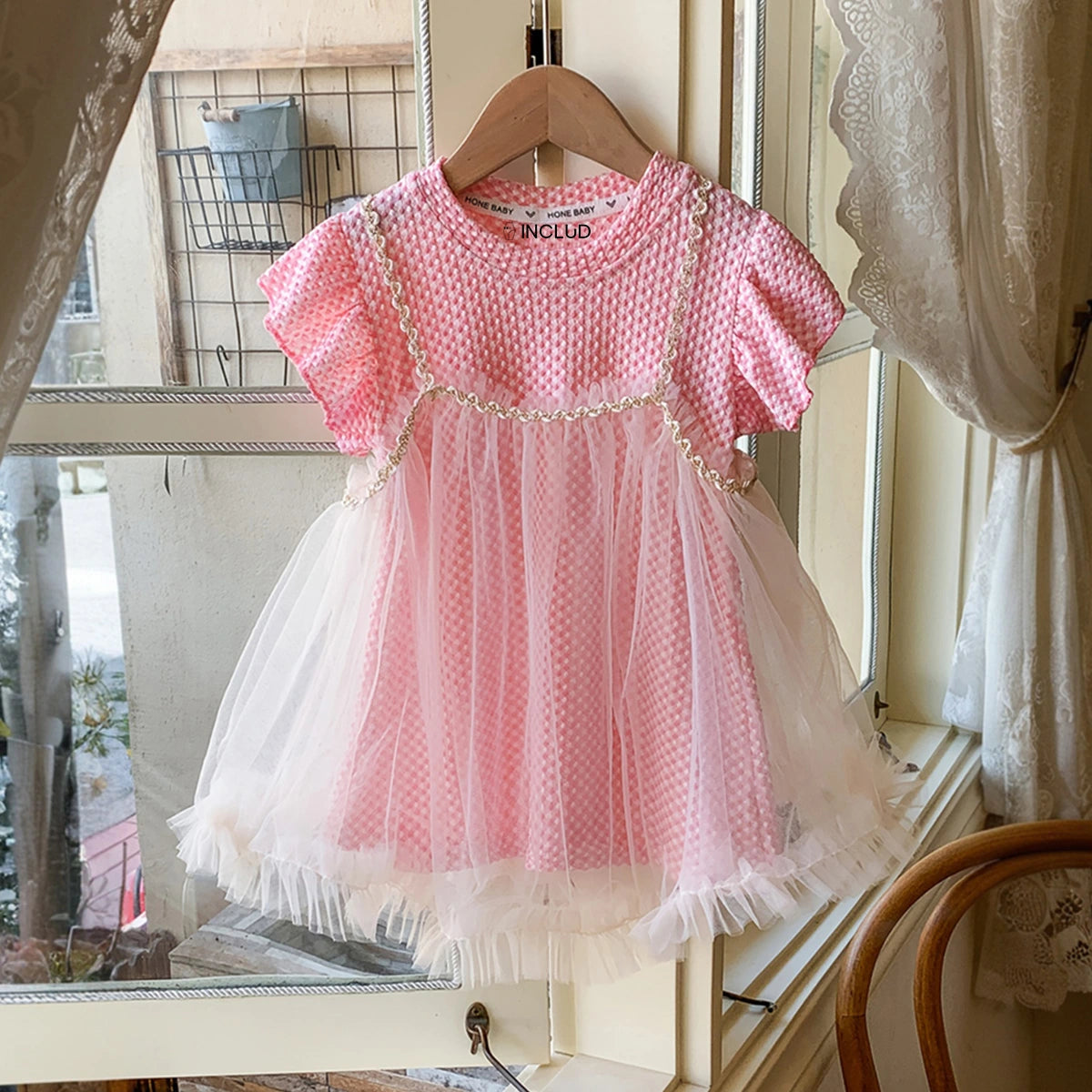 Girls Pink Self Design T-Shirt Dress & Overlay Tulle Pinafore Dress Casual Dresses Pink 1-2 Y