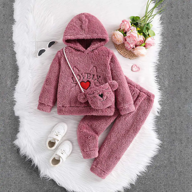 Girls Pink Embroidered Hooded Fleece Sweatshirt With Jogger Co-ord Sets 2 pc. Sets Pink 3-4 Y