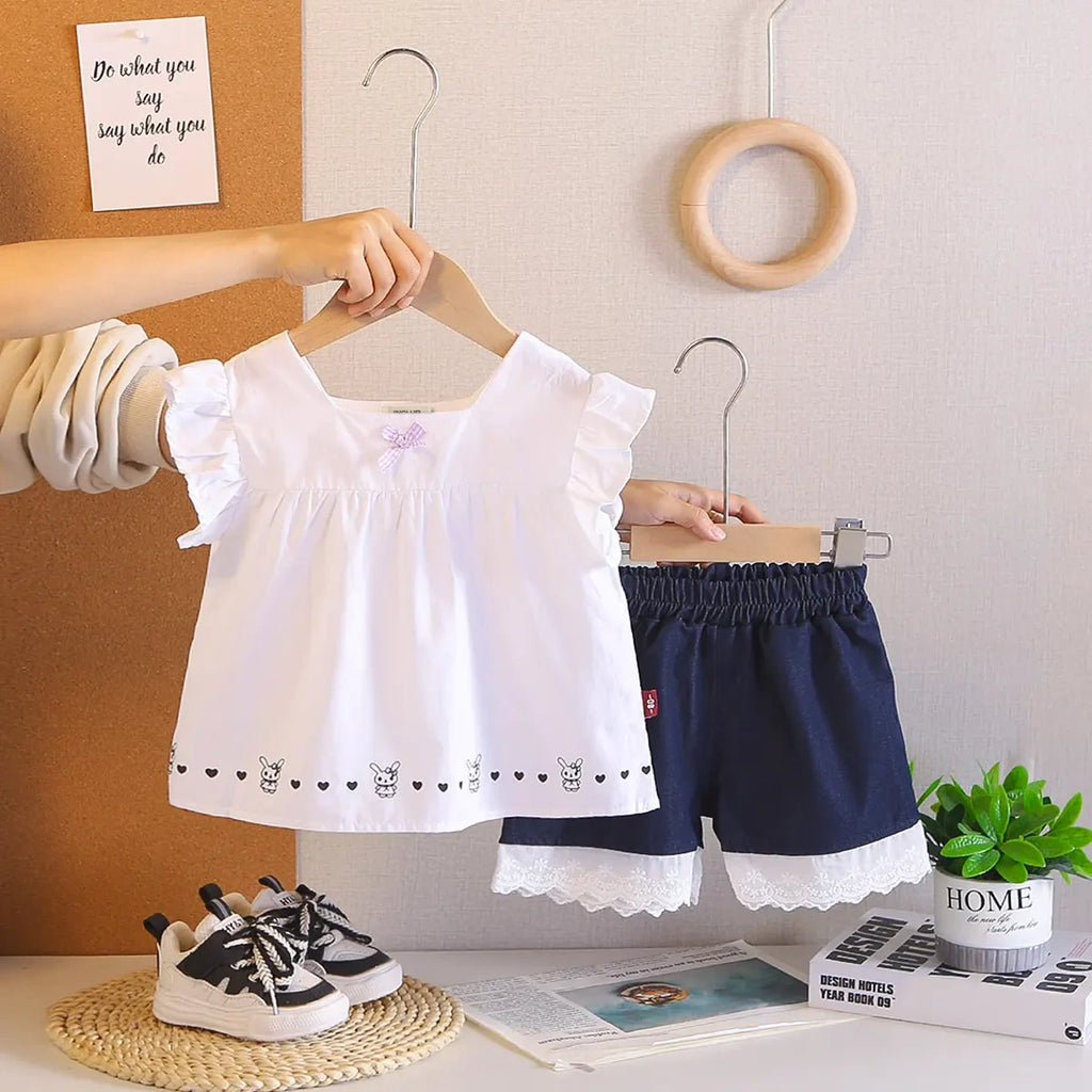 Girls White Bunny & Heart Printed Top With Shorts Sets Sets White 1-2 Y