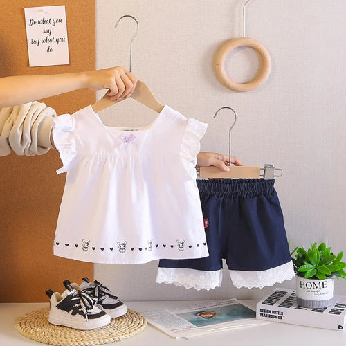 Girls White Bunny & Heart Printed Top With Shorts Sets Sets White 1-2 Y