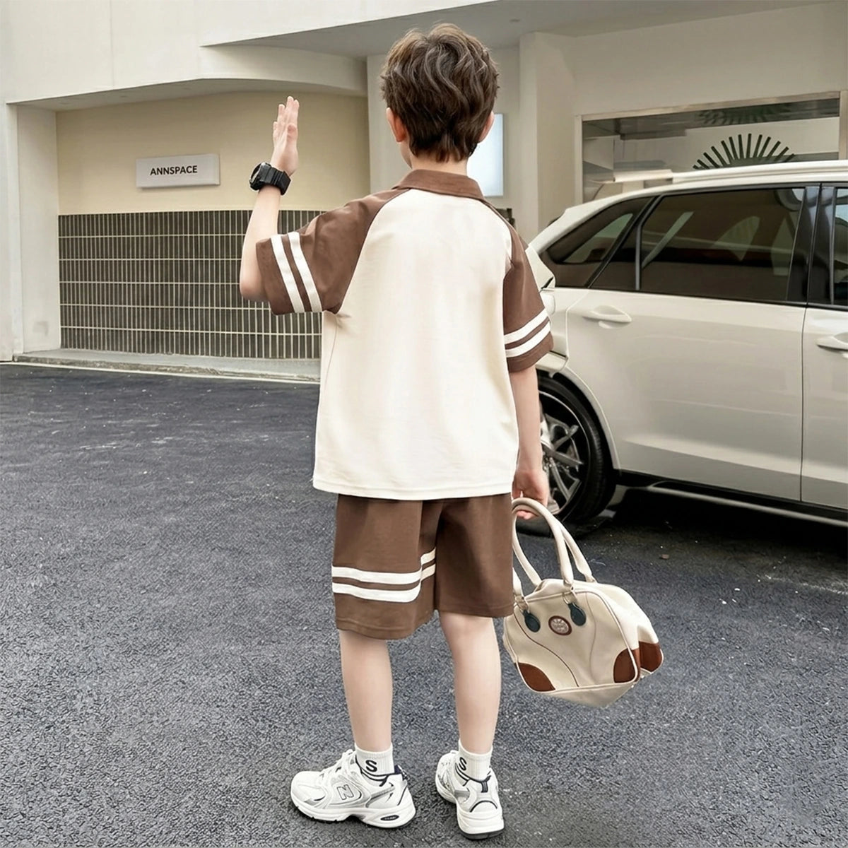 Boys Brown Typographic Short Sleeves Polo T-Shirt With Elasticated Shorts Sets Sets