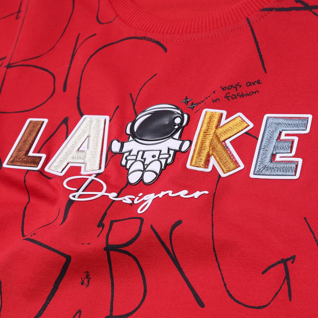 Boys Red Astronaut Graphic Short Sleeve T-shirt With Drawstring Shorts And Bag Sets Sets