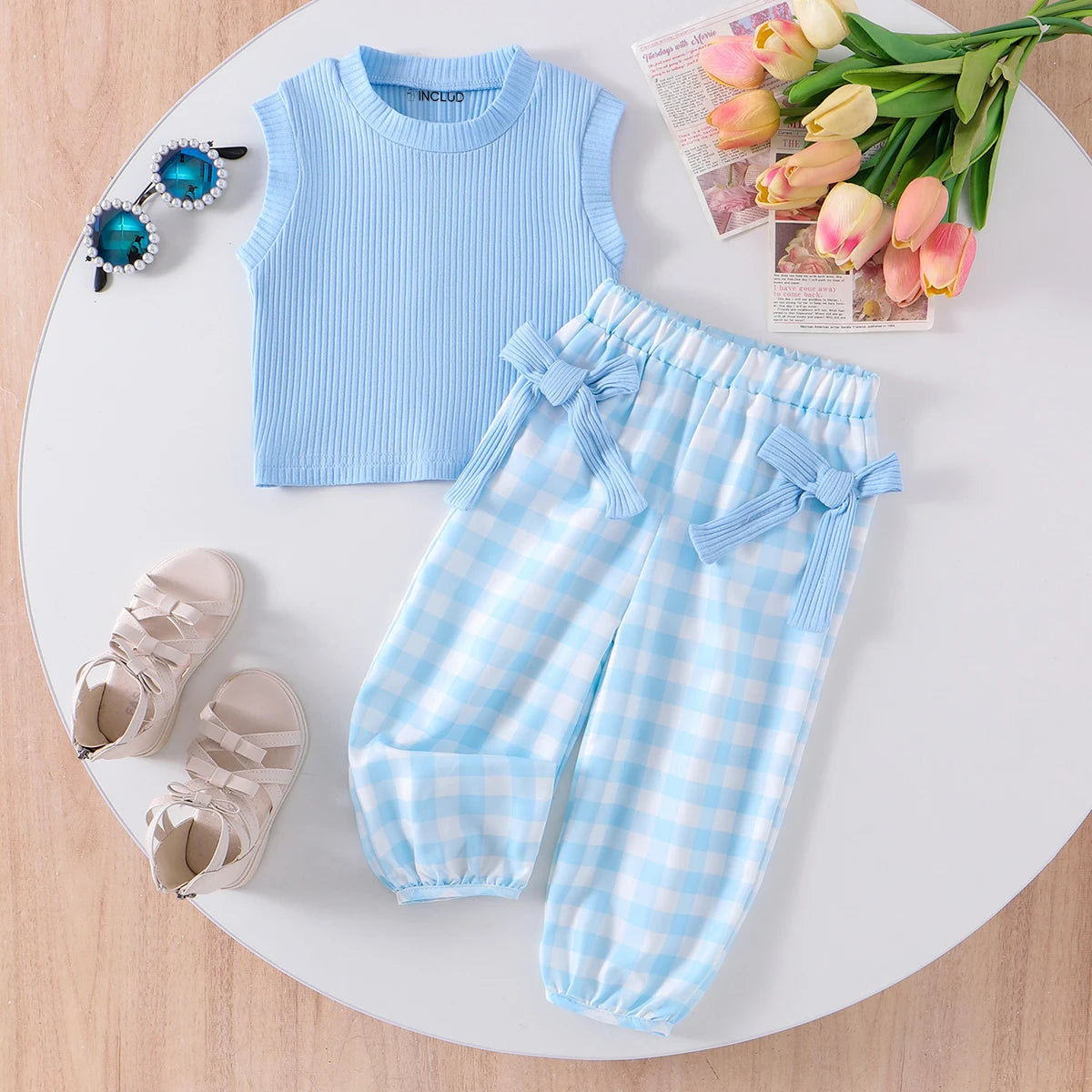 Girls Blue Ribbed Tank Top with Bow Applique Pants Sets 2 pc. Sets Blue 1-2 Y