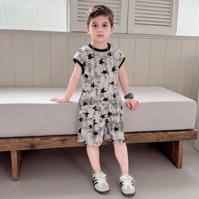 Boys Grey Star Print Sleeveless T-Shirt With Cargo Shorts Sets Sets Grey 1-2 Y