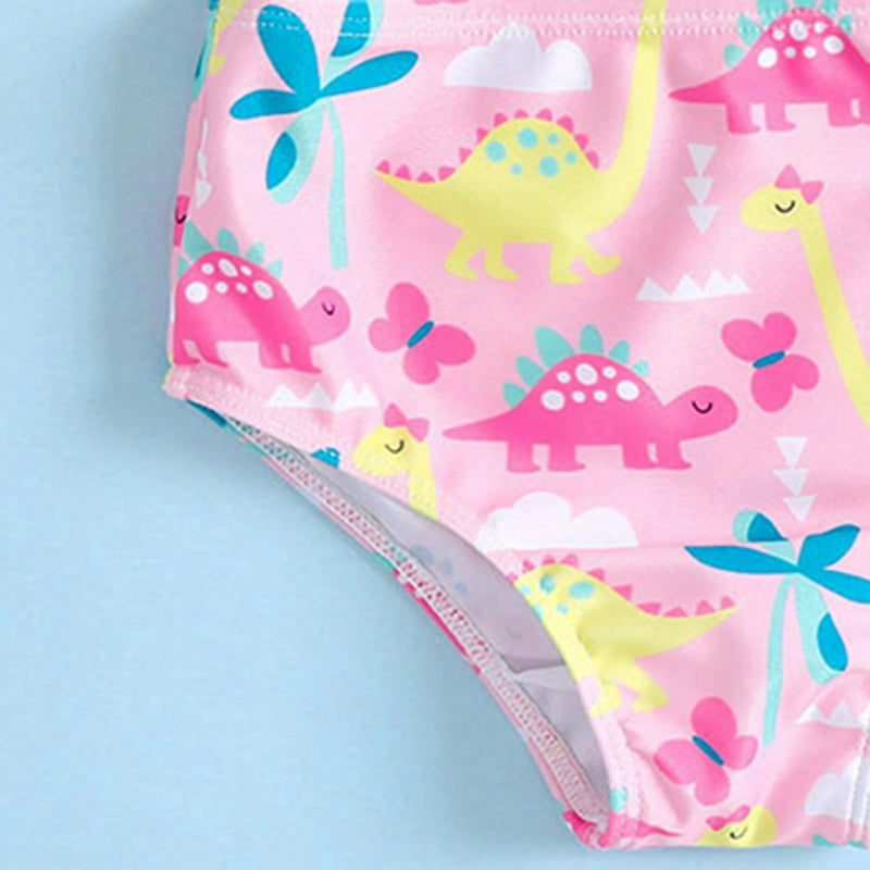 Girls Pink Dinosaur Printed Ruffle Top With Briefs Swimwear Sets Sets