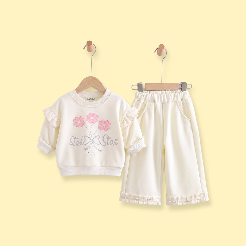Girls Cream Embellished Sweatshirt & Pants Sets Sets