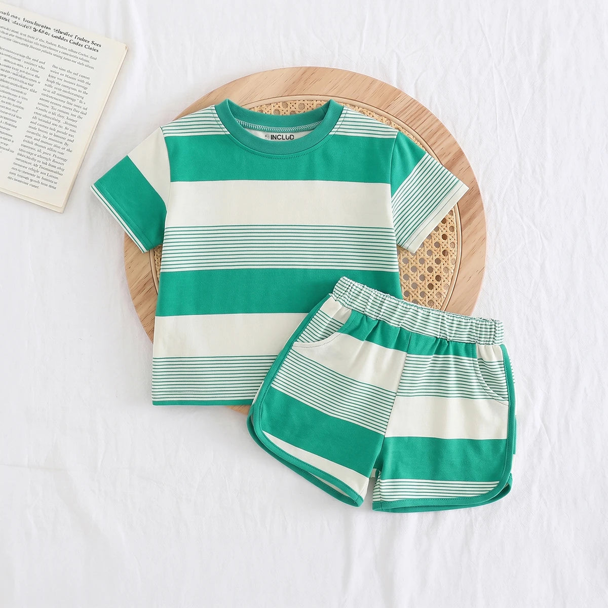 Girls Green Striped Short Sleeve T-Shirt With Shorts Sets 2 pc. Sets Green 1-2 Y