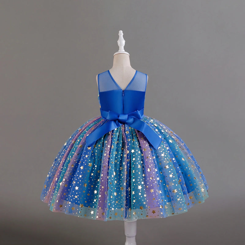 Girls Royal Blue Star Foil Print Sleeveless Fit & Flare Party Wear Dress Party Dresses