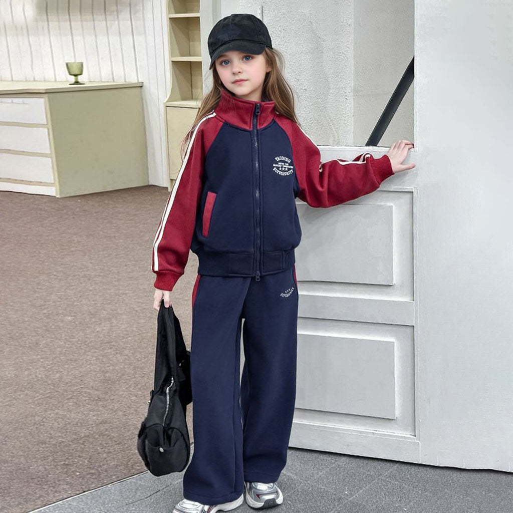 Girls Navy Blue Solid Front Zipper Jacket With Pant Winter Set 2 pc. Sets