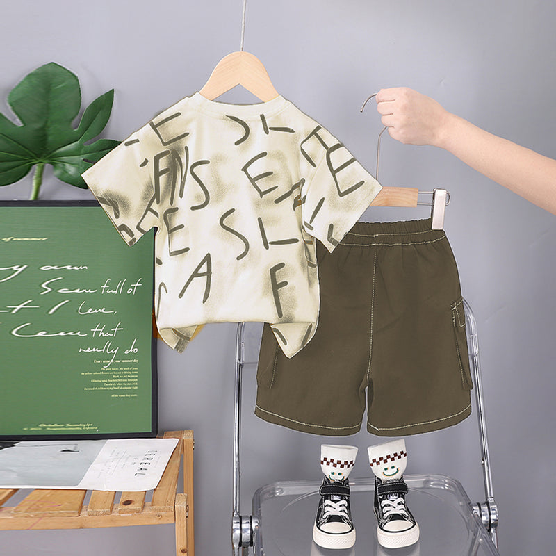 Boys Alphabetic Printed T-Shirt With Green Cargo Shorts Set 2 pc. Sets