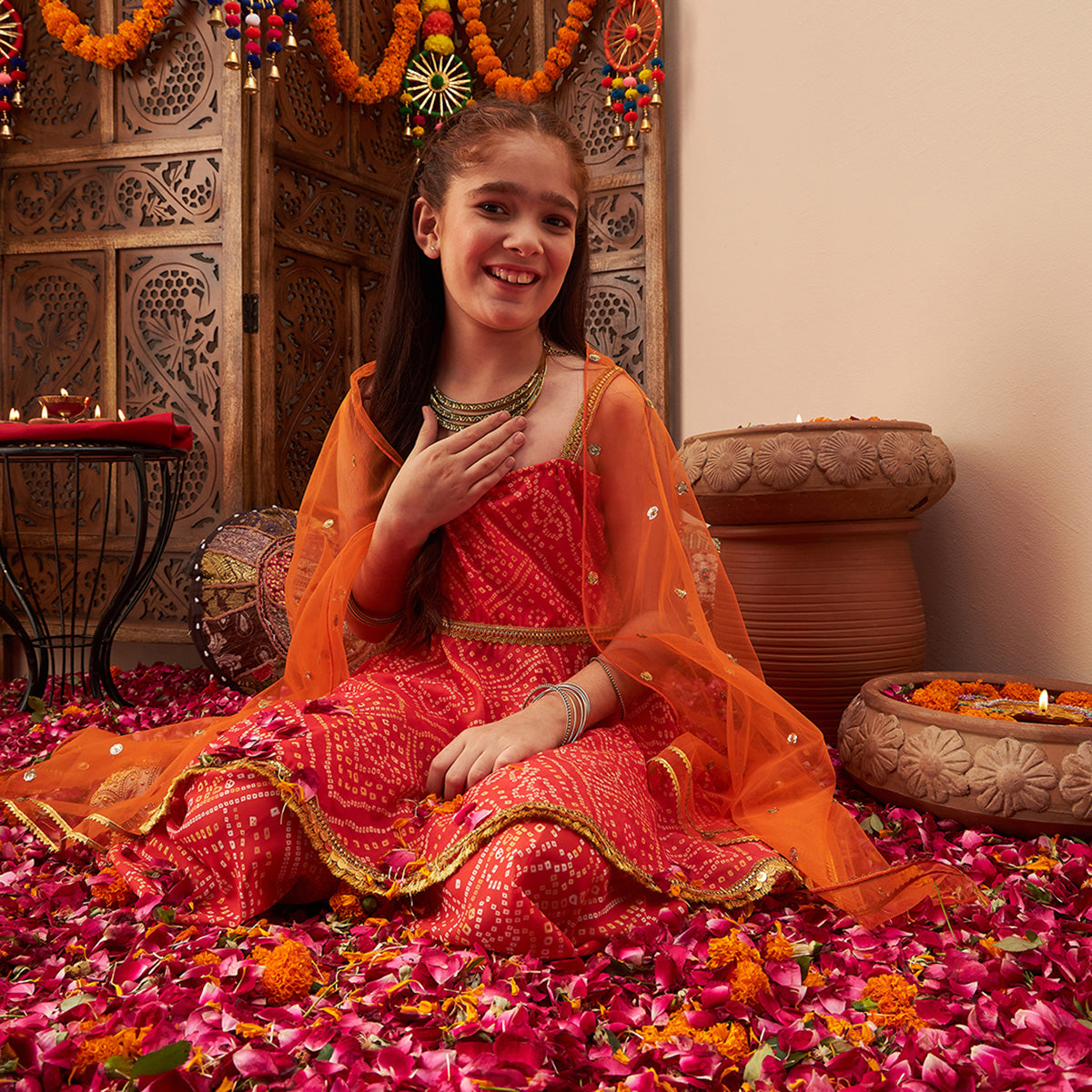 Girls Orange Bandhani Printed A-Line Kurta With Sharara And Dupatta Set Ethnicwear Girls