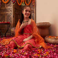 Girls Orange Bandhani Printed A-Line Kurta With Sharara And Dupatta Set Ethnicwear Girls