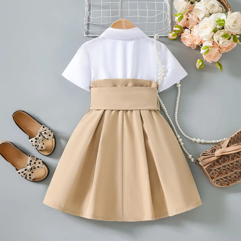 Girls Khaki Short Sleeves Pleated Shirt Dress Casual Dresses