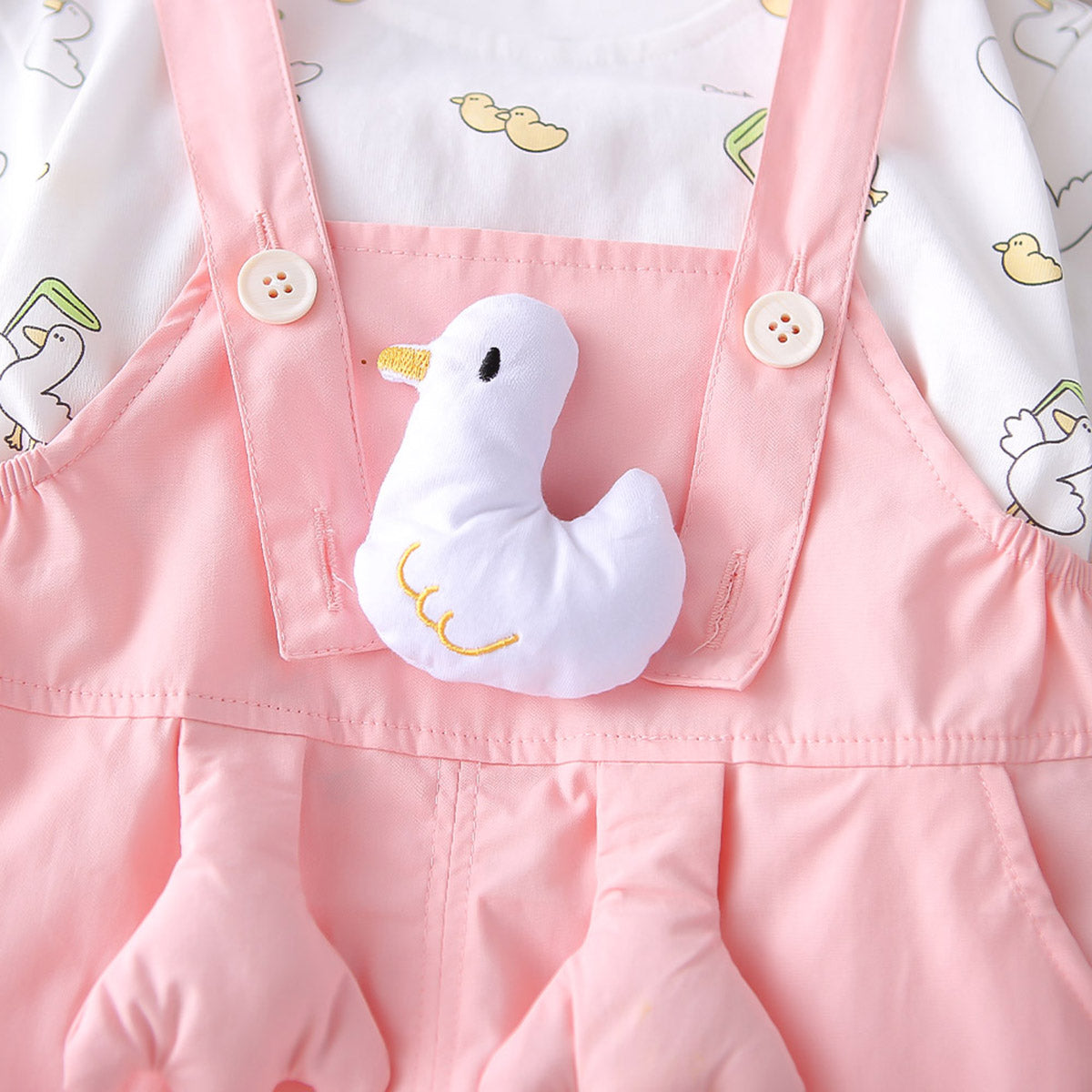 Girls Duck Printed T-Shirt With Light Pink 3D Duck Appliqued Dungaree Set 2 pc. Sets
