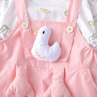 Girls Duck Printed T-Shirt With Light Pink 3D Duck Appliqued Dungaree Set 2 pc. Sets