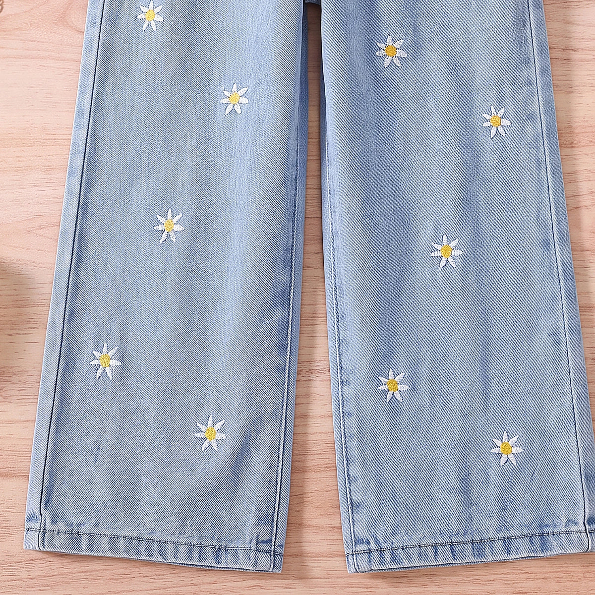 Girls Light Blue Floral Embroidered Relaxed Fit Denim Jeans Pants