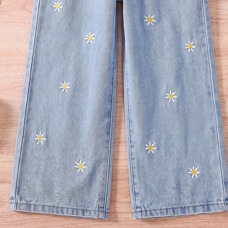 Girls Light Blue Floral Embroidered Relaxed Fit Denim Jeans Pants