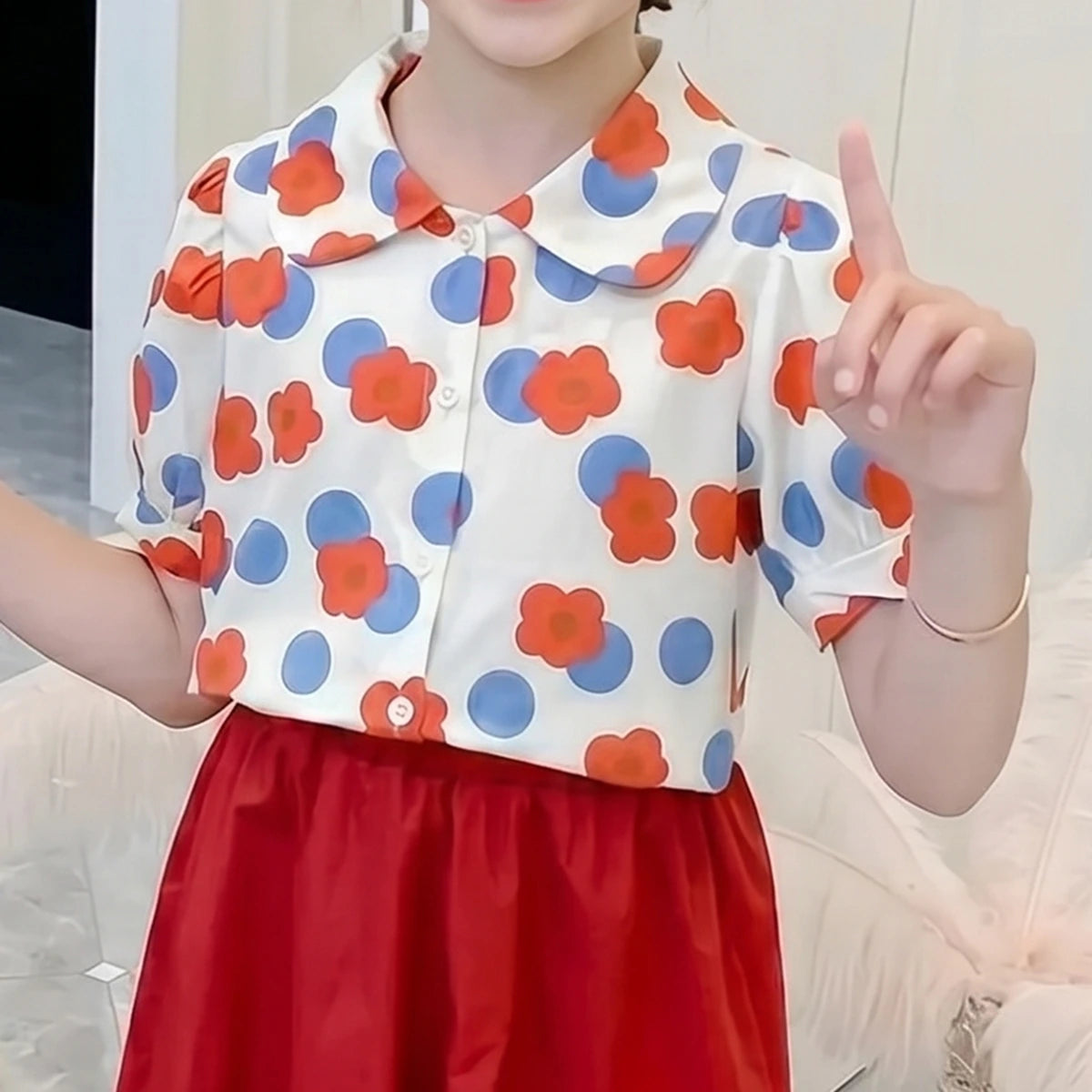 Girls Red Floral Print Short Sleeve Shirt With Skirt Sets 2 pc. Sets