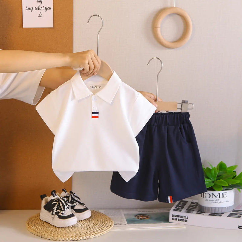 Boys White Short Sleeve Polo T-Shirt with Elasticated Shorts Clothing Sets 2 pc. Sets White 1-2 Y
