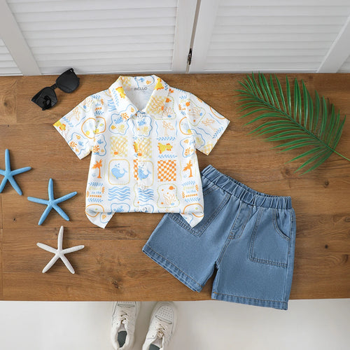 Boys Multicolor Tropical Print Short Sleeve Shirt With Denim Shorts Sets 2 pc. Sets Multicolor 3-4 Y