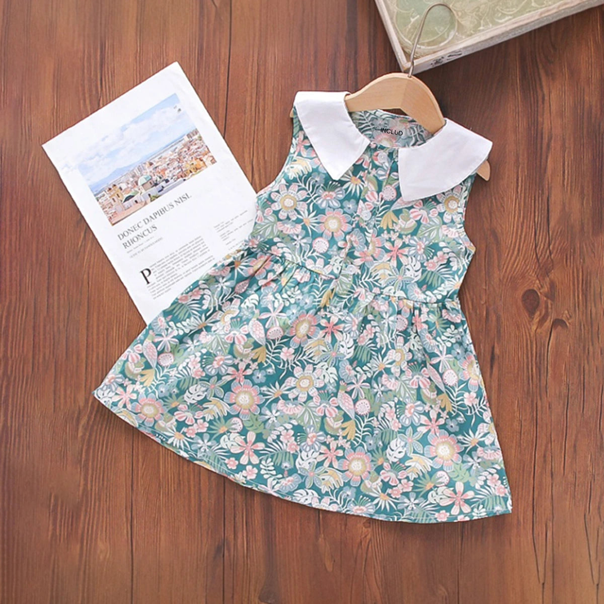 Girls Teal Floral Printed Peter Pan Collar A-line Dress Casual Dresses Teal 1-2 Y