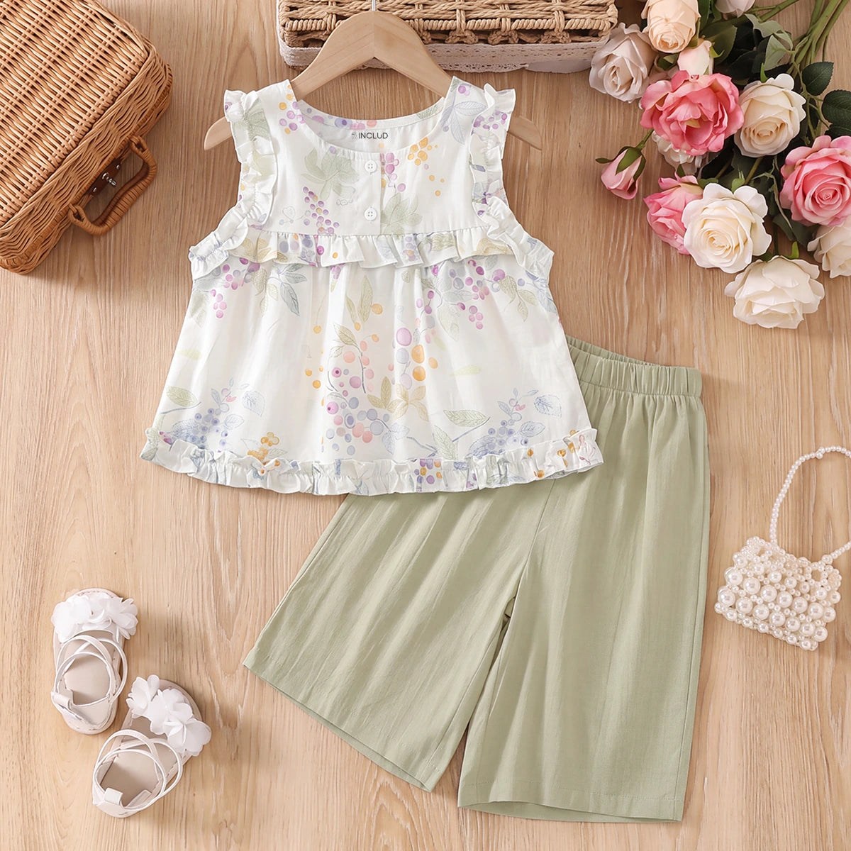 Girls White Floral Print Sleeveless Top With Shorts Sets 2 pc. Sets White 1-2 Y