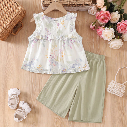 Girls White Floral Print Sleeveless Top With Shorts Sets 2 pc. Sets White 1-2 Y