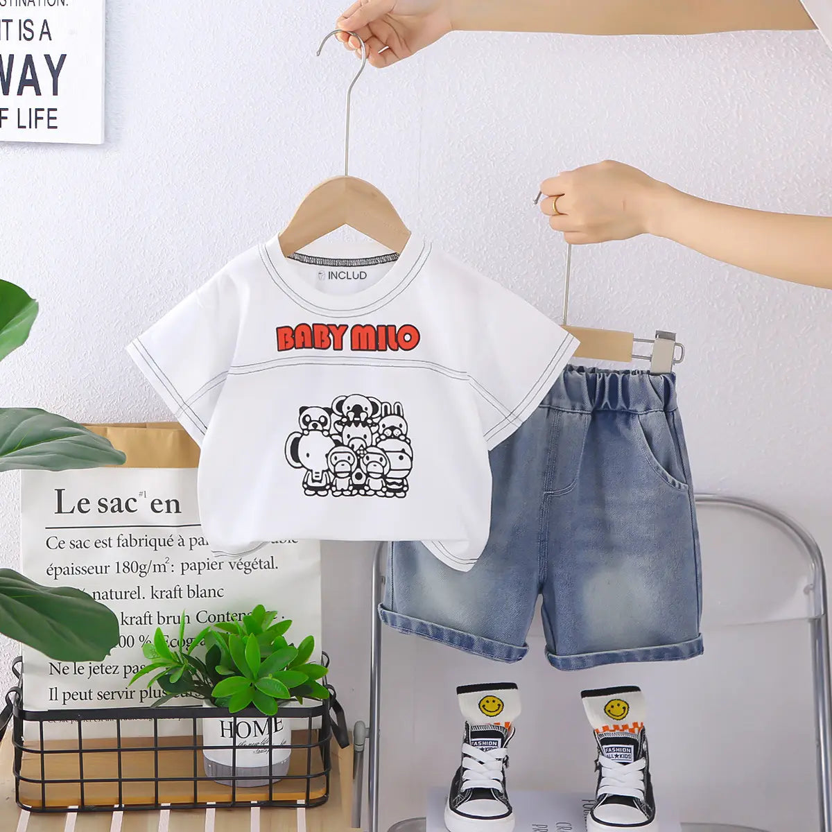 Boys White Graphic T-Shirt With Denim Shorts Sets Sets White 1-2 Y