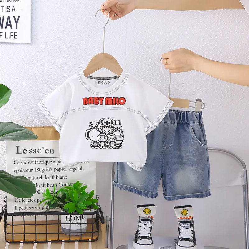 Boys White Graphic T-Shirt With Denim Shorts Sets Sets White 1-2 Y