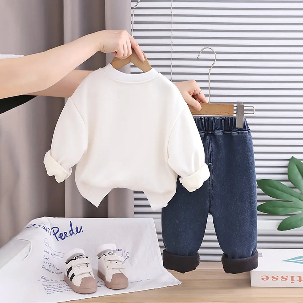 Boys White Typographic Printed Sweatshirt With Denim Pants Set Sets