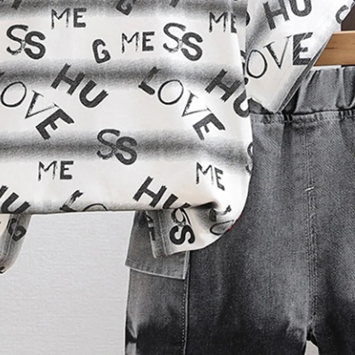 Boys Grey Typographic Print T-Shirt With Denim Shorts Set Sets