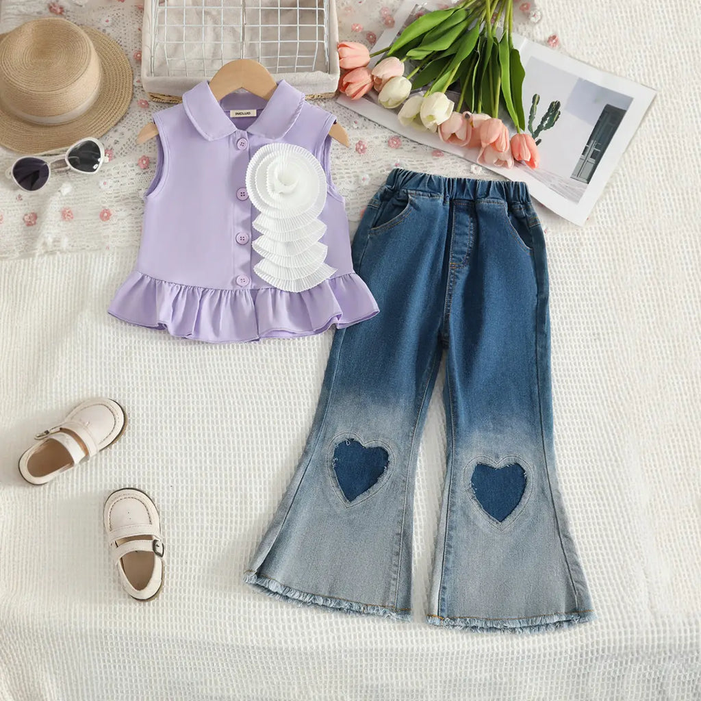 Girls Purple 3D Flower Applique Sleeveless Top With Flared Denim Pants Set Sets Purple 2-3 Y