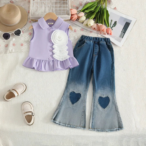 Girls Purple 3D Flower Applique Sleeveless Top With Flared Denim Pants Set Sets Purple 2-3 Y