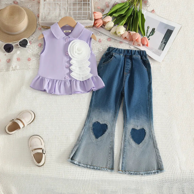 Girls Purple 3D Flower Applique Sleeveless Top With Flared Denim Pants Set Sets Purple 2-3 Y