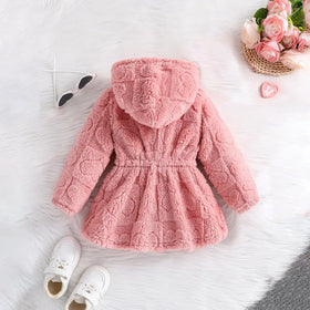 Girls Pink Self-Design Heart Patterns Hooded Fleece Jacket Coats & Jackets