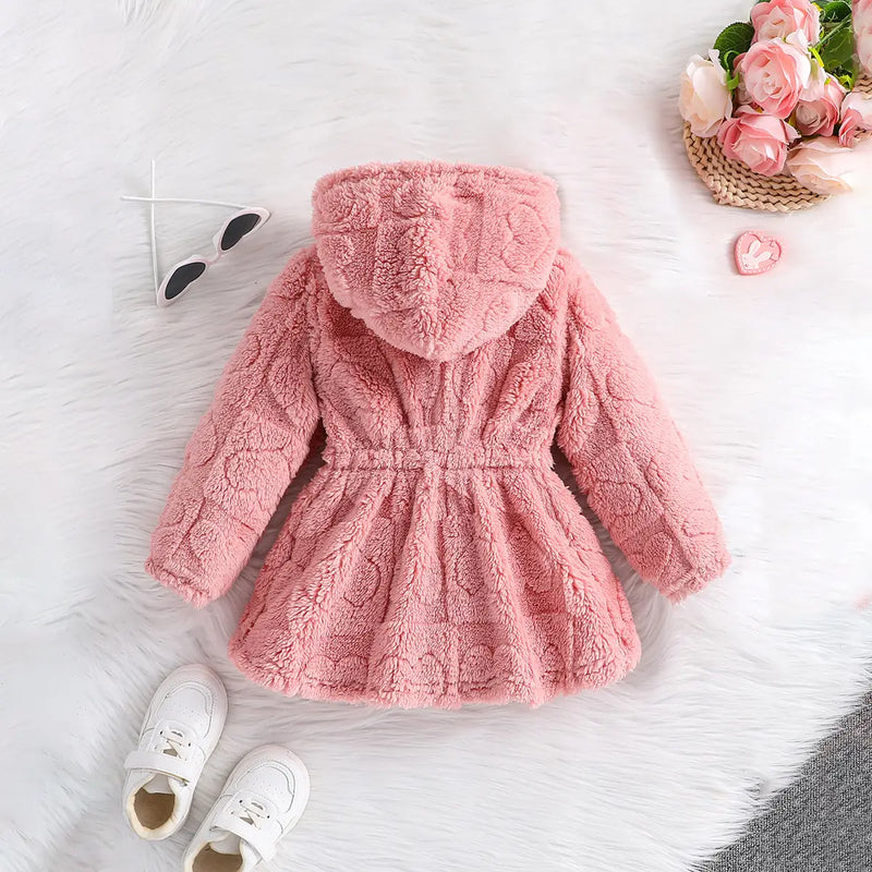 Girls Pink Self-Design Heart Patterns Hooded Fleece Jacket Coats & Jackets