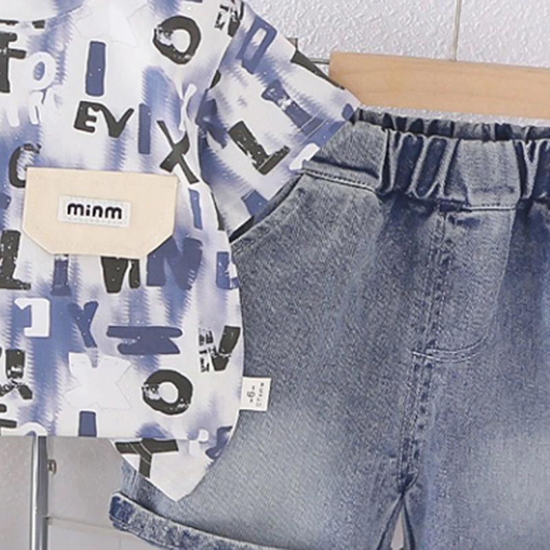 Boys Blue Typographic Print Short Sleeves T-Shirt With Denim Shorts Set Sets
