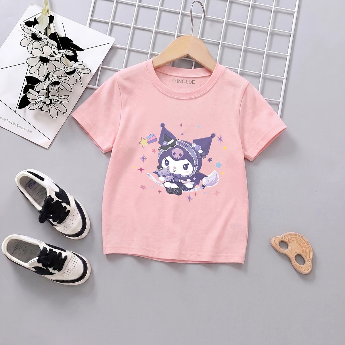 Girls Pink Kuromi Cartoon Printed Short Sleeve T-Shirt Tshirts Pink 1-2 Y
