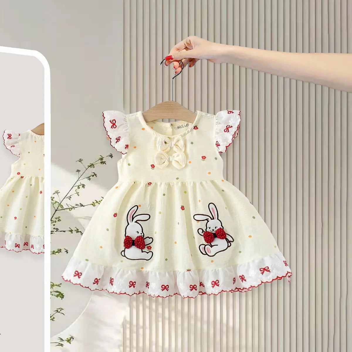 Girls Cream Polka Dot Print Fit & Flare Dress With Bunny Embroidery Casual Dresses Cream 1-2 Y